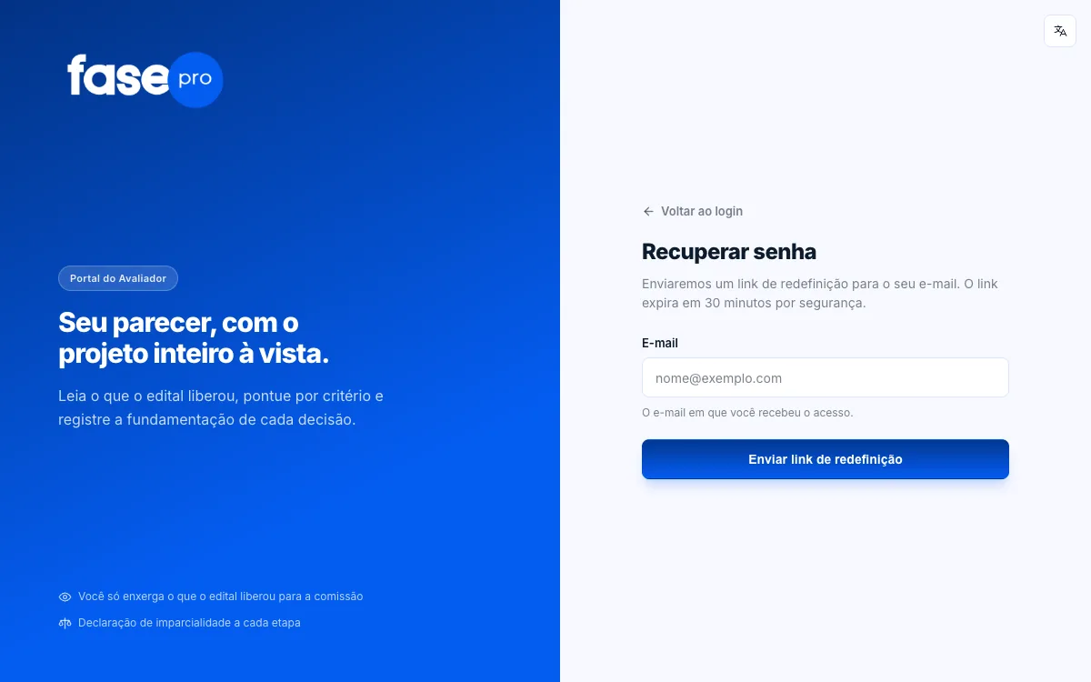 Tela Recuperar senha, com o campo de e-mail e o botão Enviar link de redefinição.