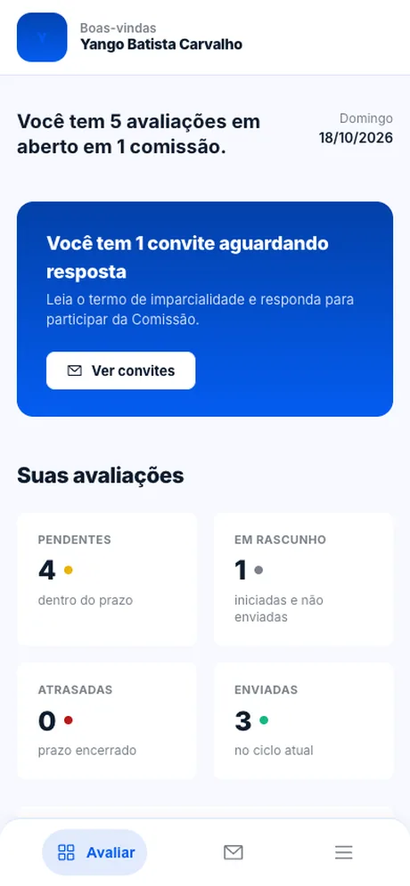 Painel do avaliador no celular, com o aviso de convite e os contadores.