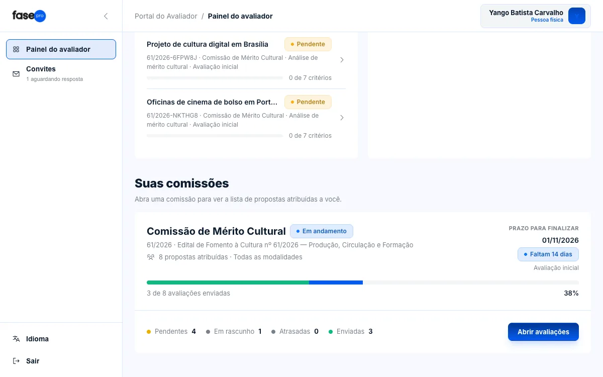 Cartão da Comissão de Mérito Cultural com prazo, barra de andamento, contadores e o botão Abrir avaliações.
