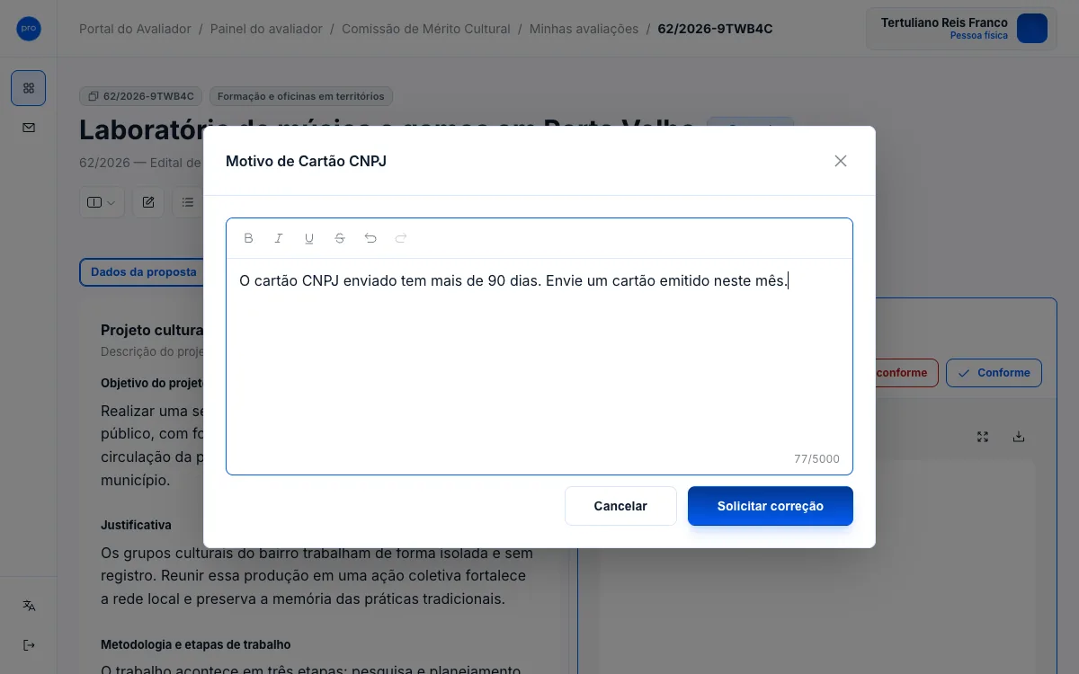 Janela Motivo de Cartão CNPJ com o texto do que o agente deve corrigir.