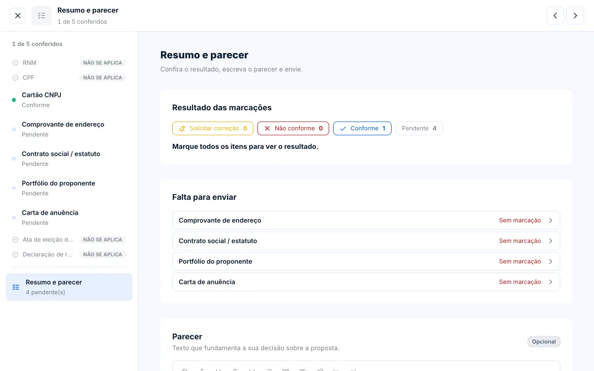 Página Resumo e parecer com a contagem das marcas, a lista do que falta para enviar e o campo do parecer.
