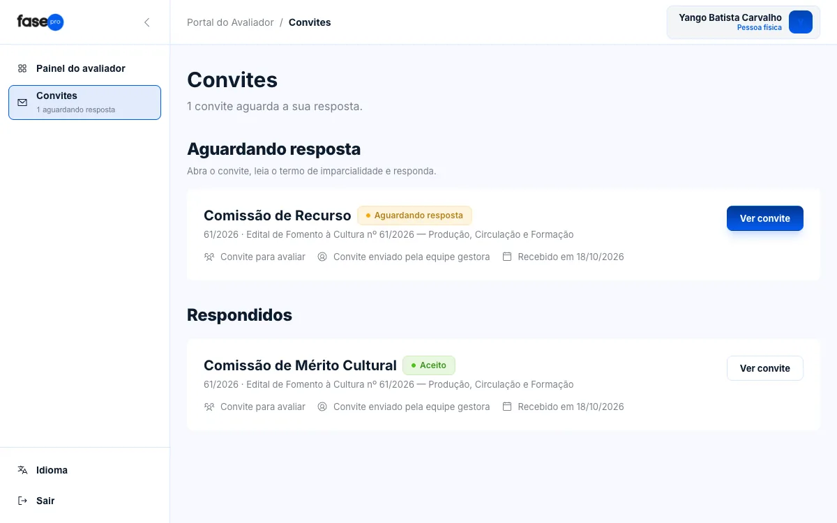 Tela Convites com um convite Aguardando resposta e outro já Aceito.