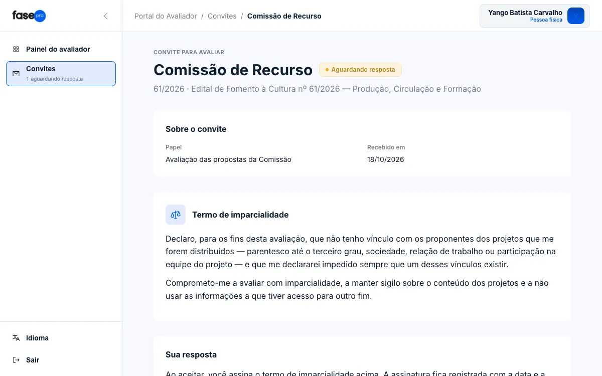 Tela do convite para avaliar a Comissão de Recurso, com o papel, a data e o texto do termo de imparcialidade.