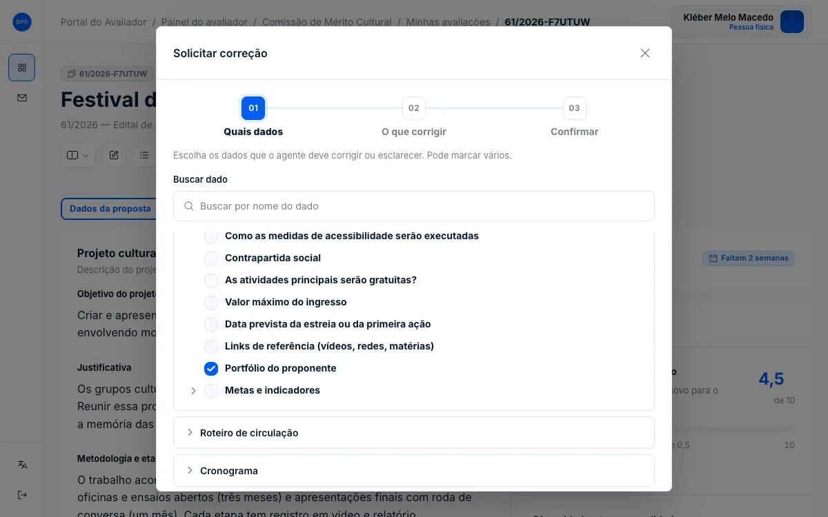 Passo 1 da janela Solicitar correção, com dois dados do Projeto cultural marcados.