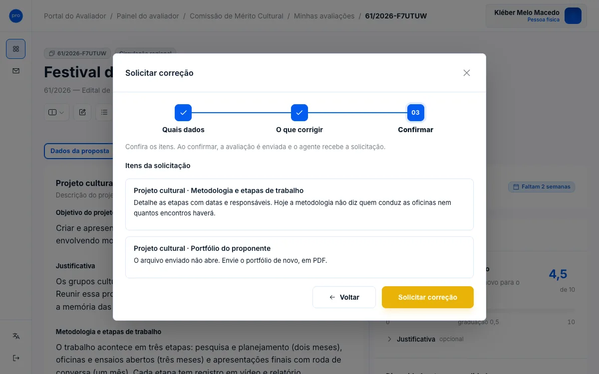 Passo 3 com os itens da solicitação e o botão Solicitar correção.
