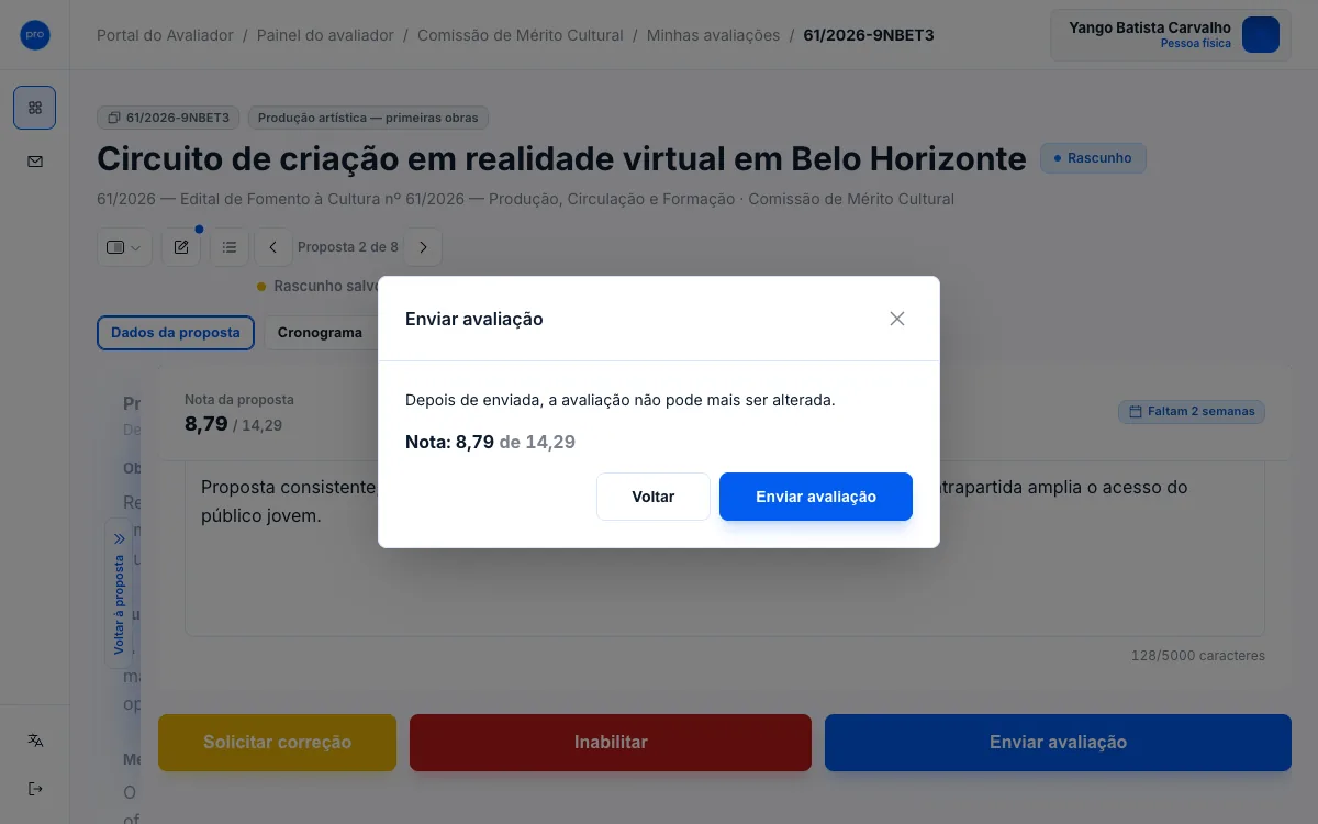 Janela Enviar avaliação com o aviso de que a avaliação não pode mais ser alterada e a nota 8,79 de 14,29.