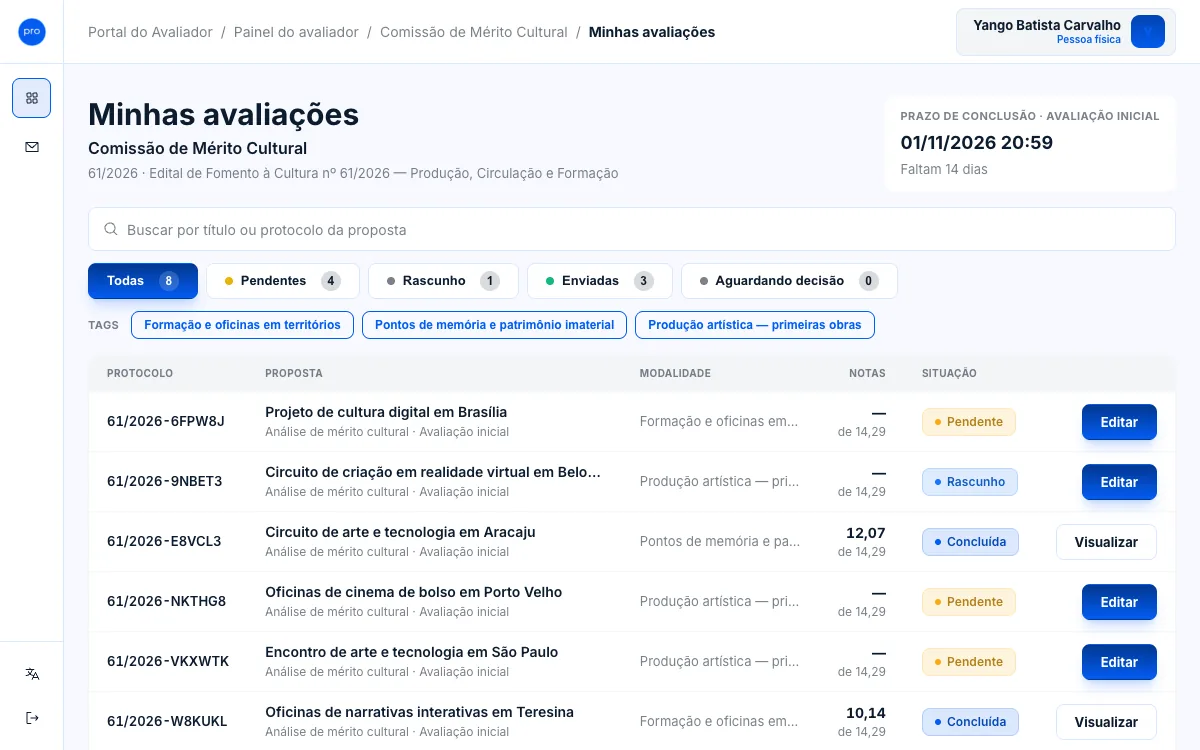 Lista Minhas avaliações com busca, filtros por situação, tags e a tabela de propostas.