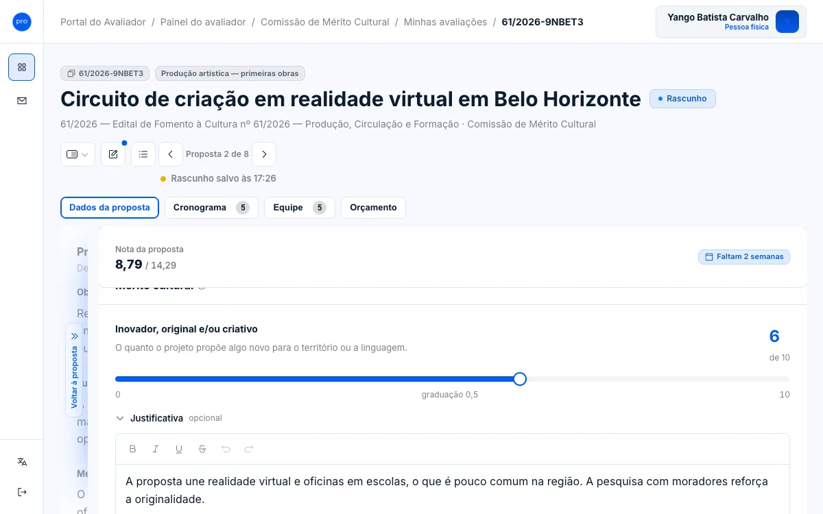 Critério Inovador, original e/ou criativo com nota 6 de 10, a régua de nota e a justificativa aberta.