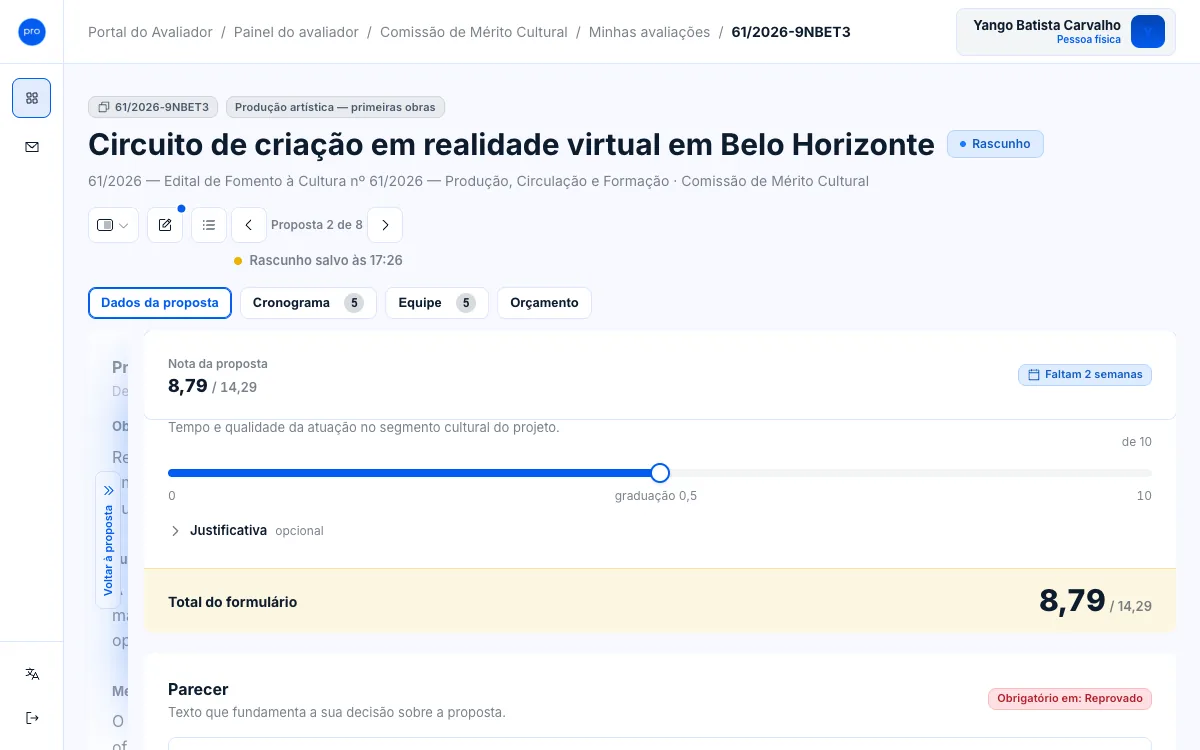 Total do formulário com a nota 8,79 de 14,29, abaixo dos critérios.