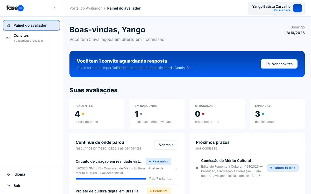 Painel do avaliador com o aviso de convite, os quatro contadores e a lista Continue de onde parou.