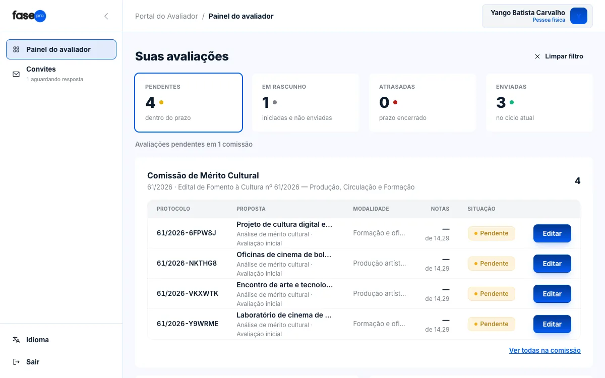 Painel filtrado por Pendentes, com a tabela das avaliações pendentes da Comissão de Mérito Cultural.