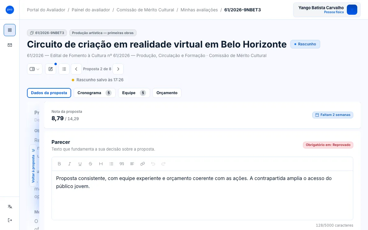 Bloco Parecer com o selo Obrigatório em: Reprovado e um texto de parecer escrito.