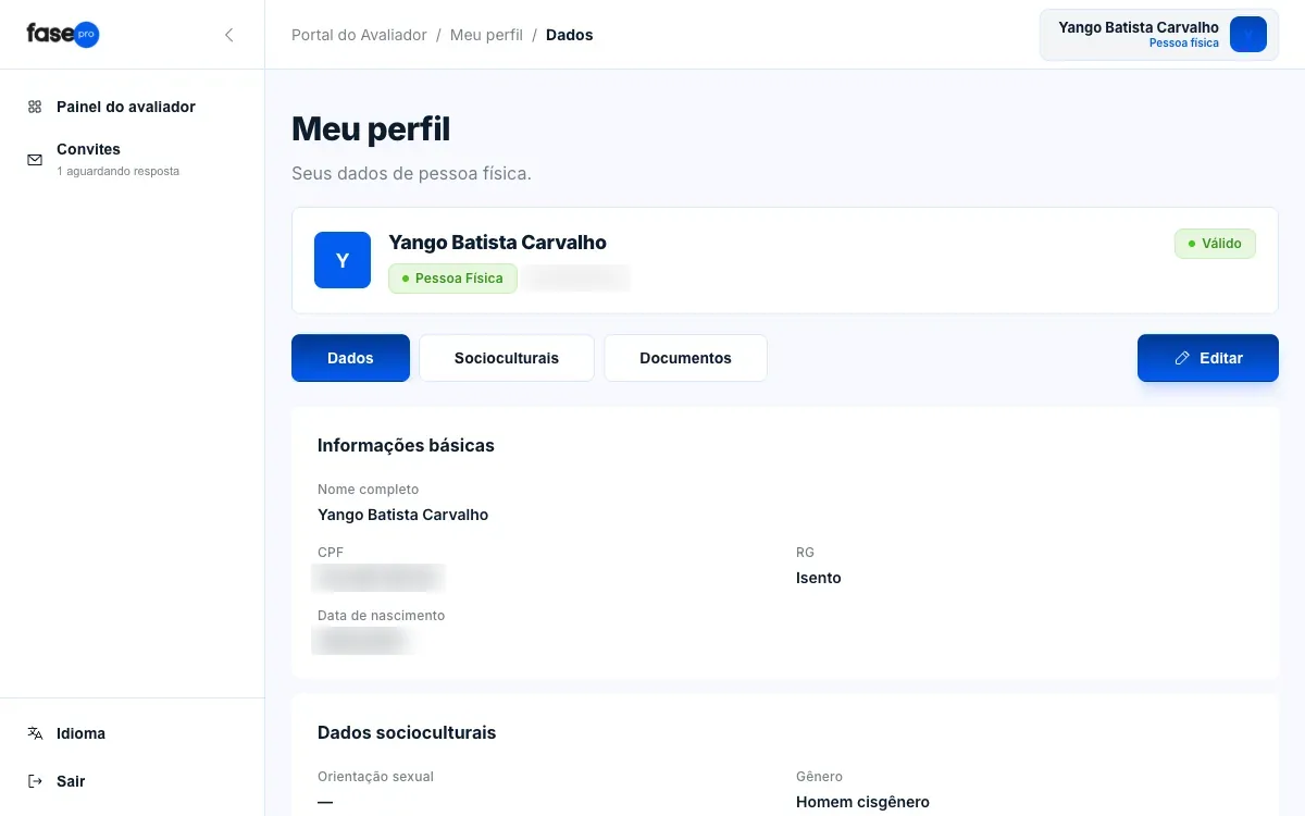 Tela Meu perfil com as abas Dados, Socioculturais e Documentos e o botão Editar.