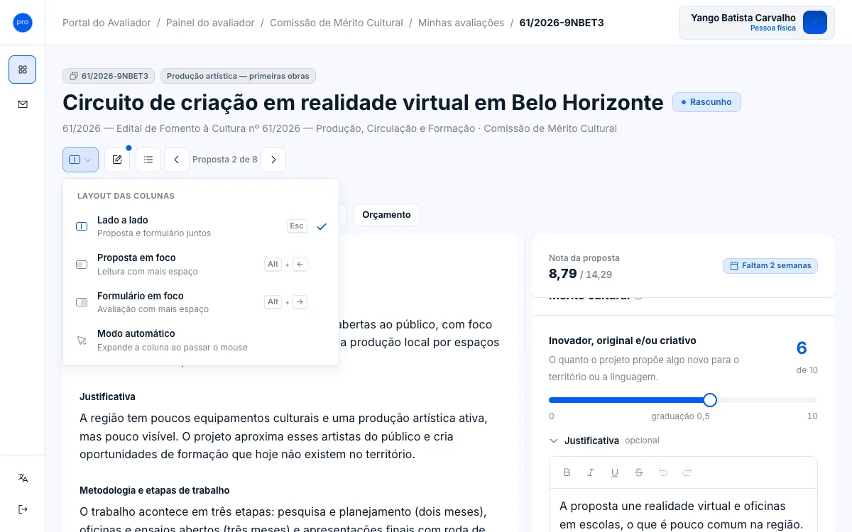 Menu Layout das colunas aberto, com as opções Lado a lado, Proposta em foco, Formulário em foco e Modo automático.