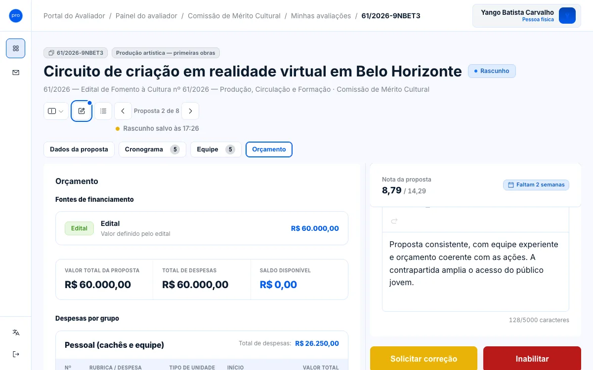 Aba Orçamento com a fonte de financiamento, o valor total e as despesas por grupo.