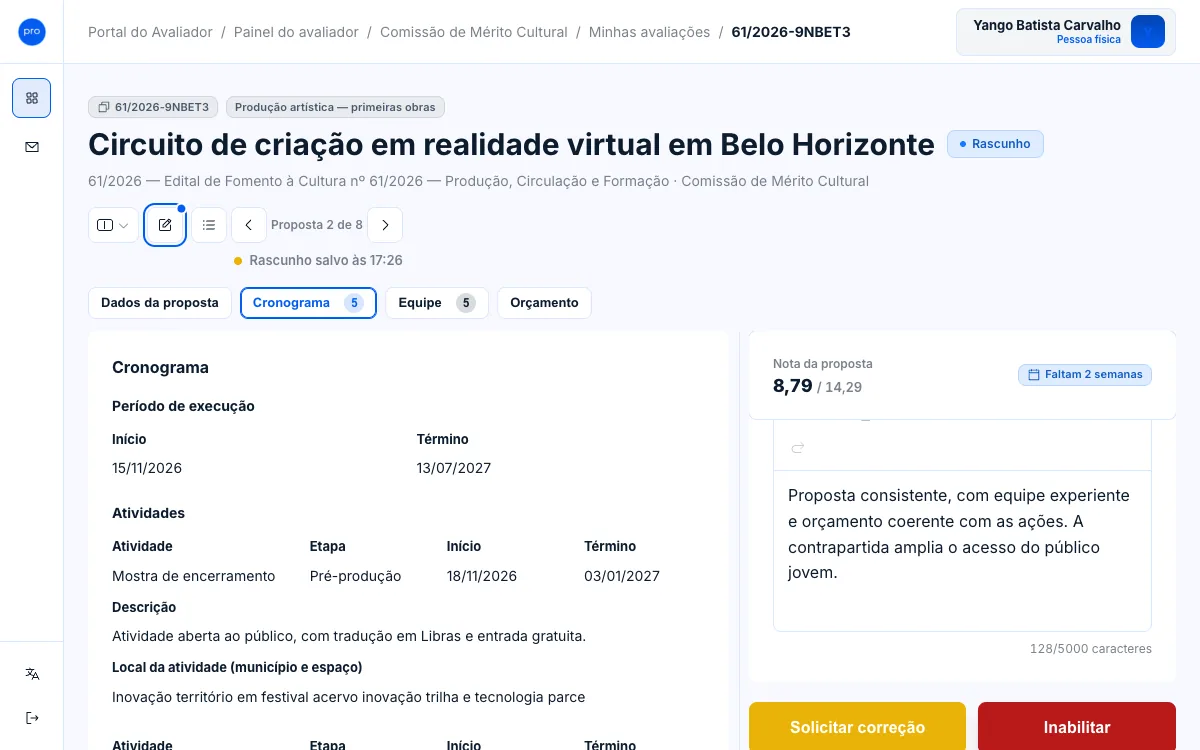 Aba Cronograma com as atividades da proposta.